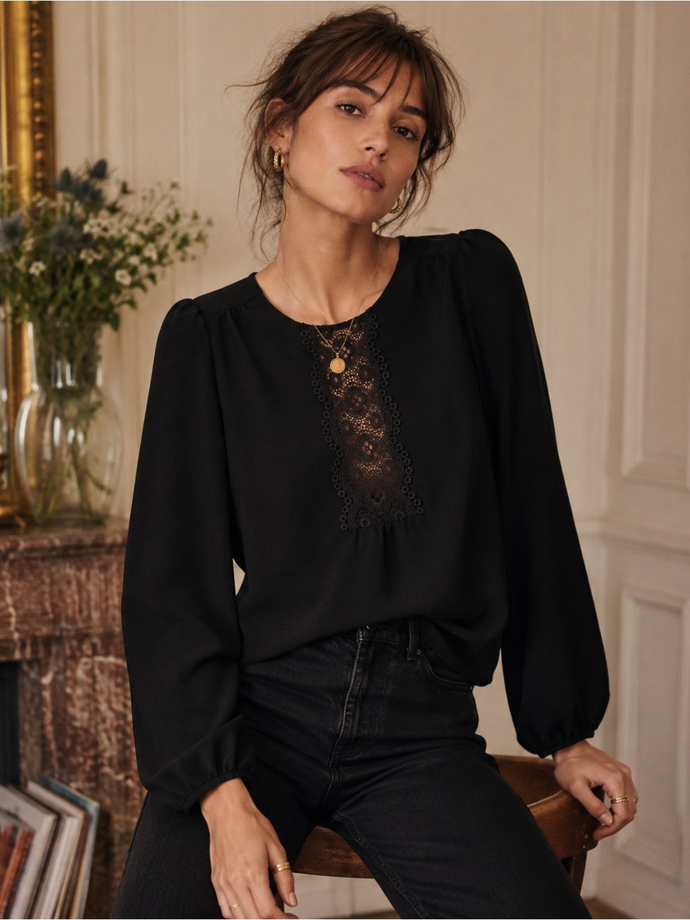 Sézane Coralia Black Lace Detail Long Sleeve Blouse Top Size 36 (US Small)